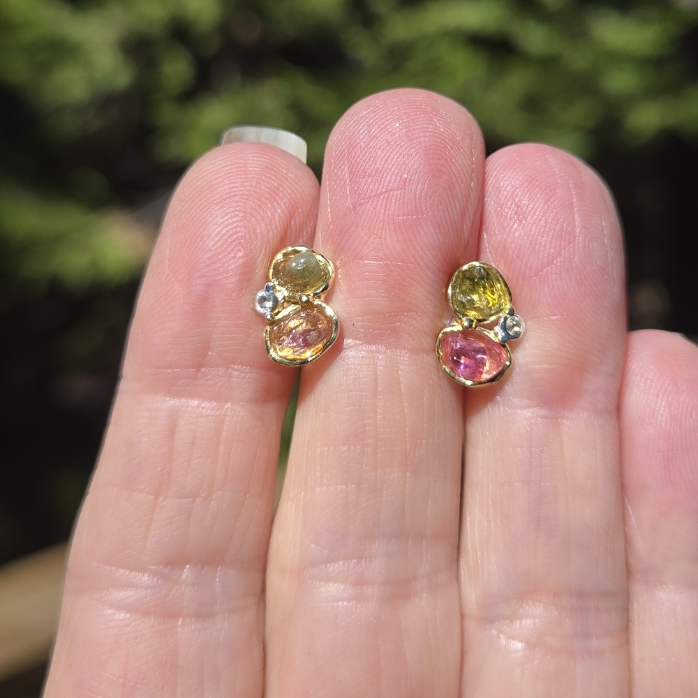 Tourmaline & Topaz Natural Gemstone Sterling & Gold Earrings - Picture 6 of 8
